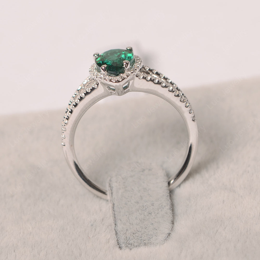 Pear Shaped Lab Emerald Halo Split Shank Engagement Ring - LUO Jewelry