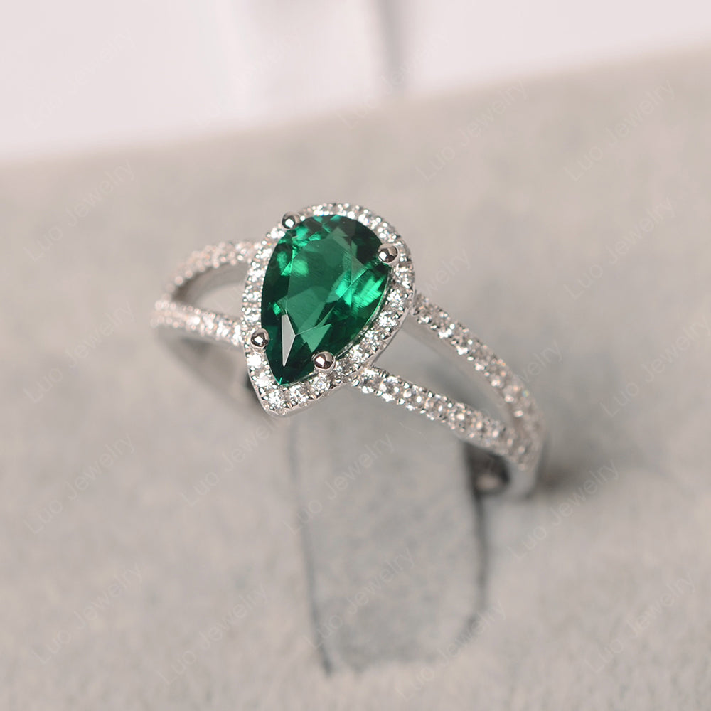 Pear Shaped Lab Emerald Halo Split Shank Engagement Ring - LUO Jewelry