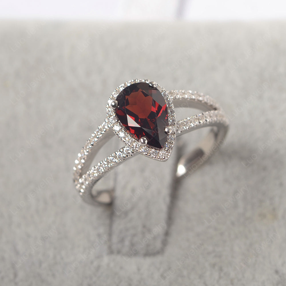 Pear Shaped Garnet Halo Split Shank Engagement Ring - LUO Jewelry