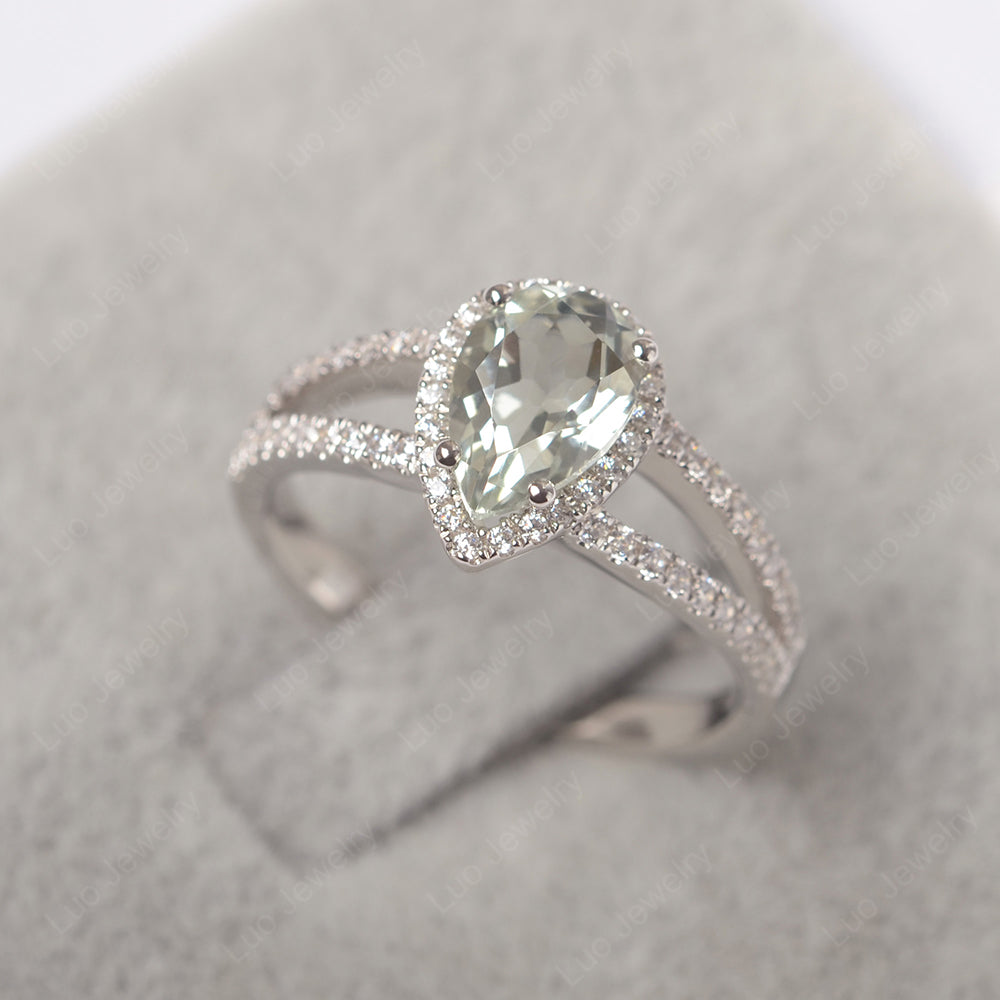 Pear Shaped Green Amethyst Halo Split Shank Engagement Ring - LUO Jewelry