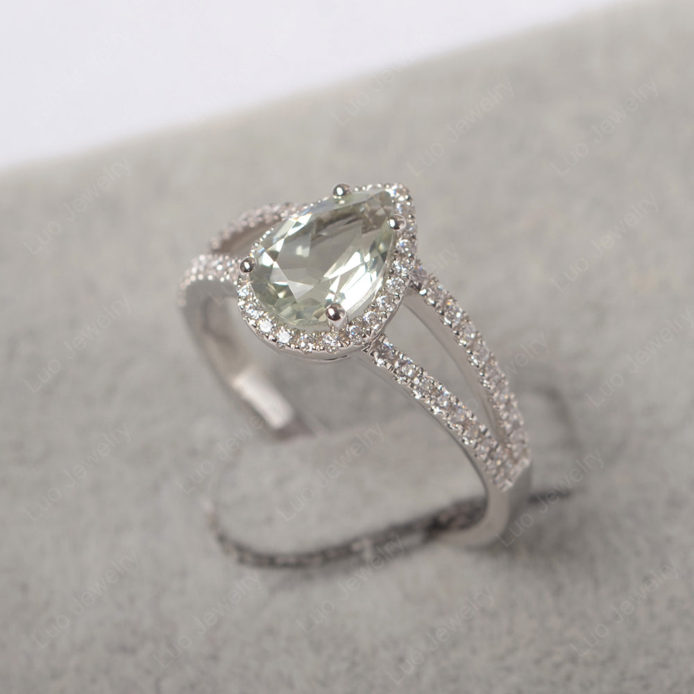 Pear Shaped Green Amethyst Halo Split Shank Engagement Ring - LUO Jewelry