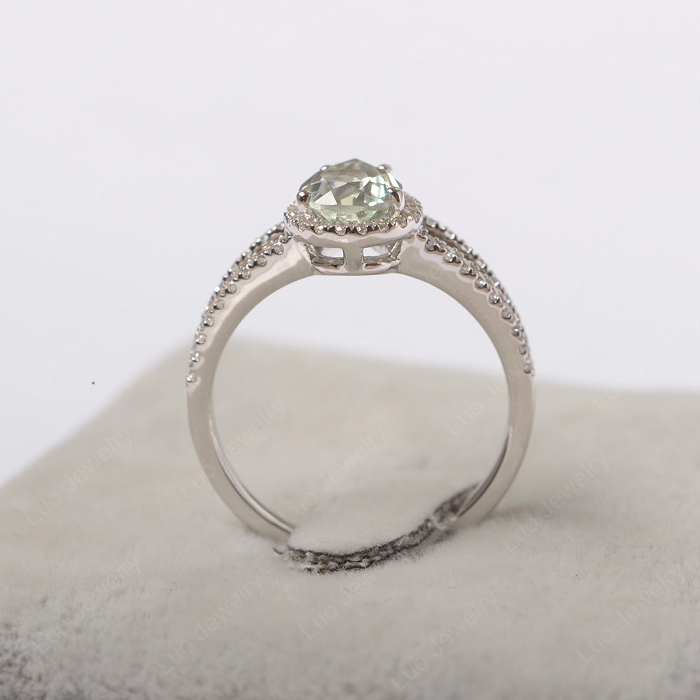Pear Shaped Green Amethyst Halo Split Shank Engagement Ring - LUO Jewelry