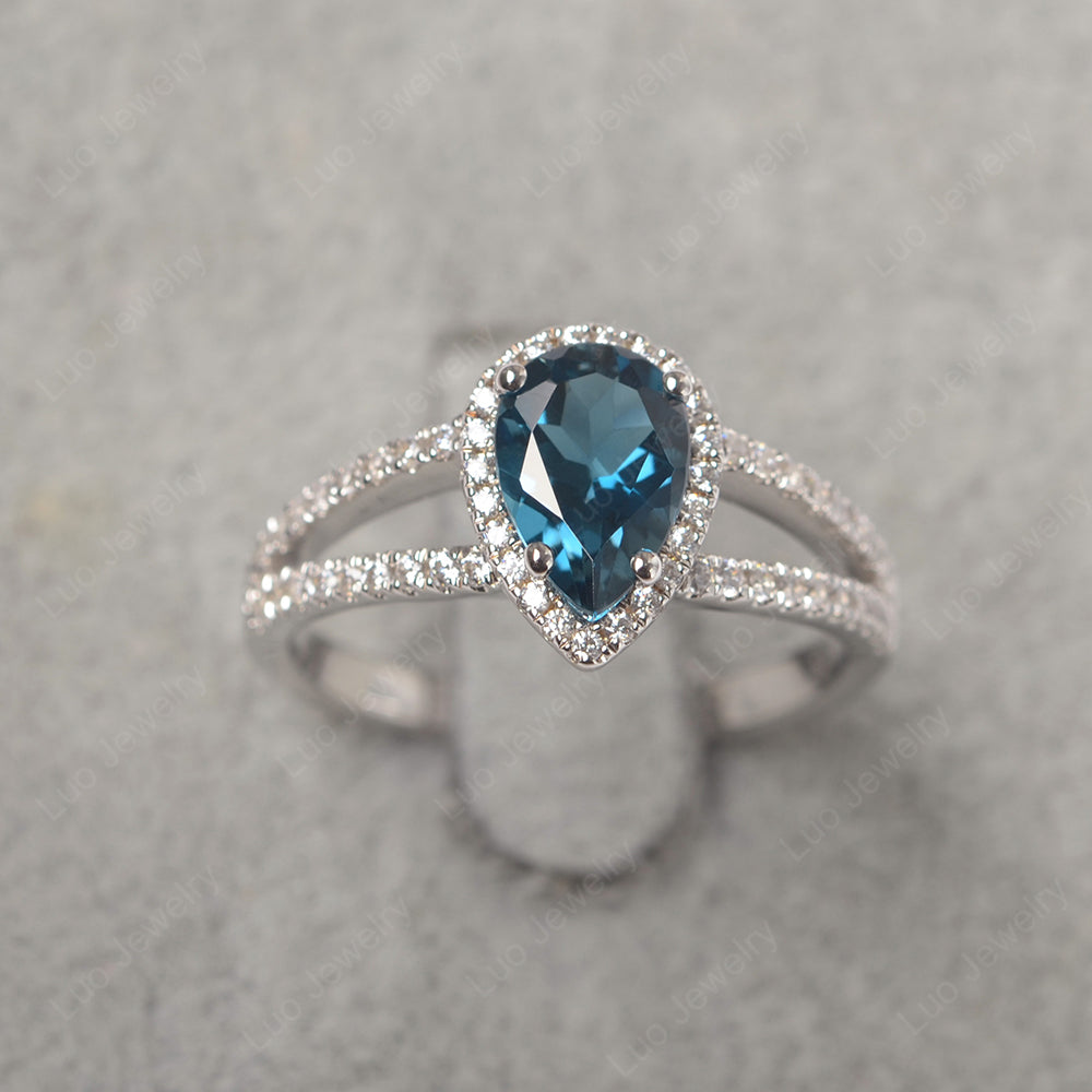 Pear Shaped London Blue Topaz Halo Split Shank Engagement Ring - LUO Jewelry