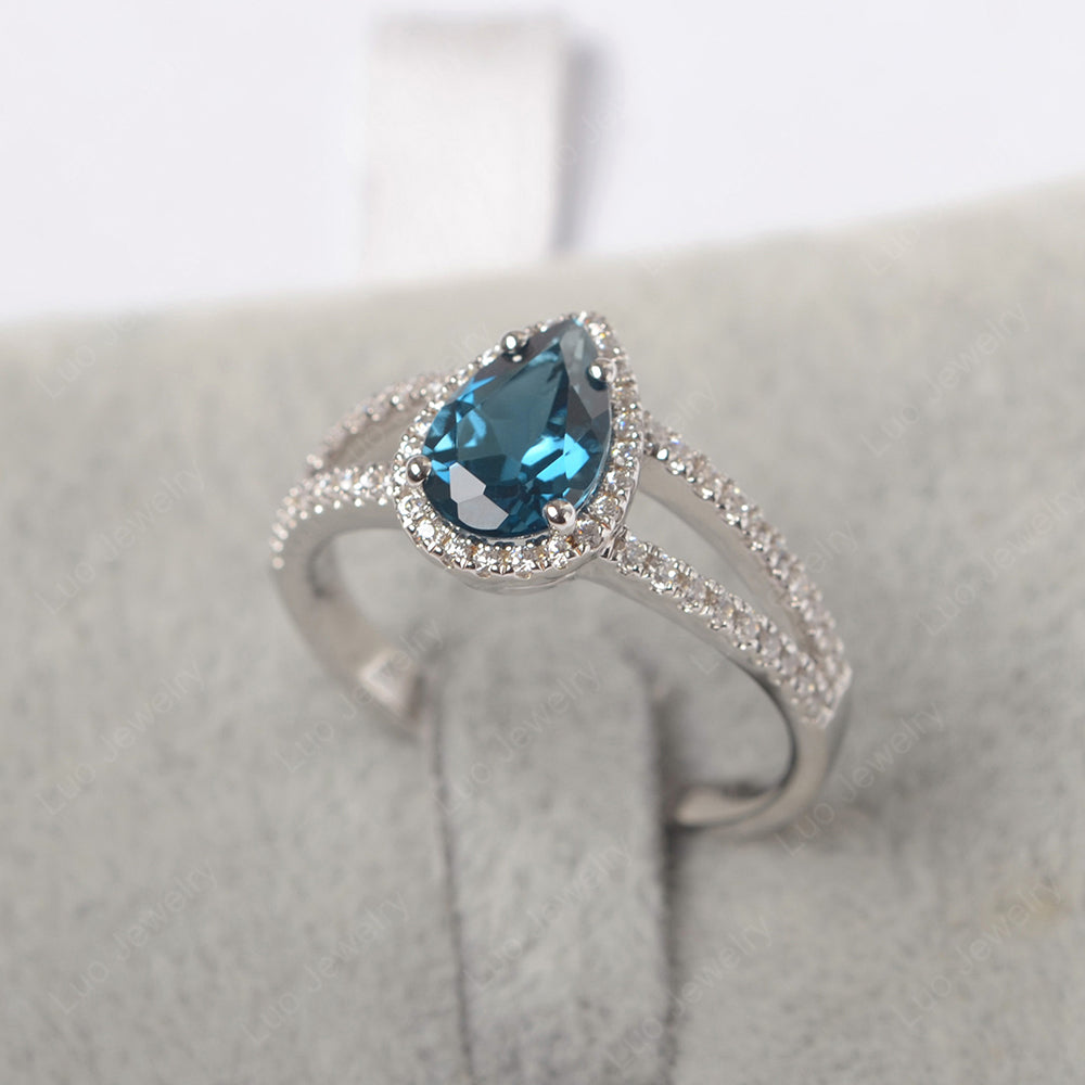 Pear Shaped London Blue Topaz Halo Split Shank Engagement Ring - LUO Jewelry