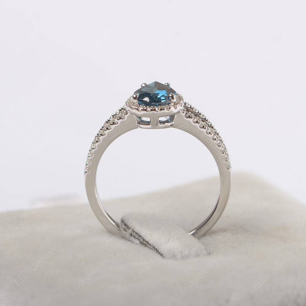Pear Shaped London Blue Topaz Halo Split Shank Engagement Ring - LUO Jewelry