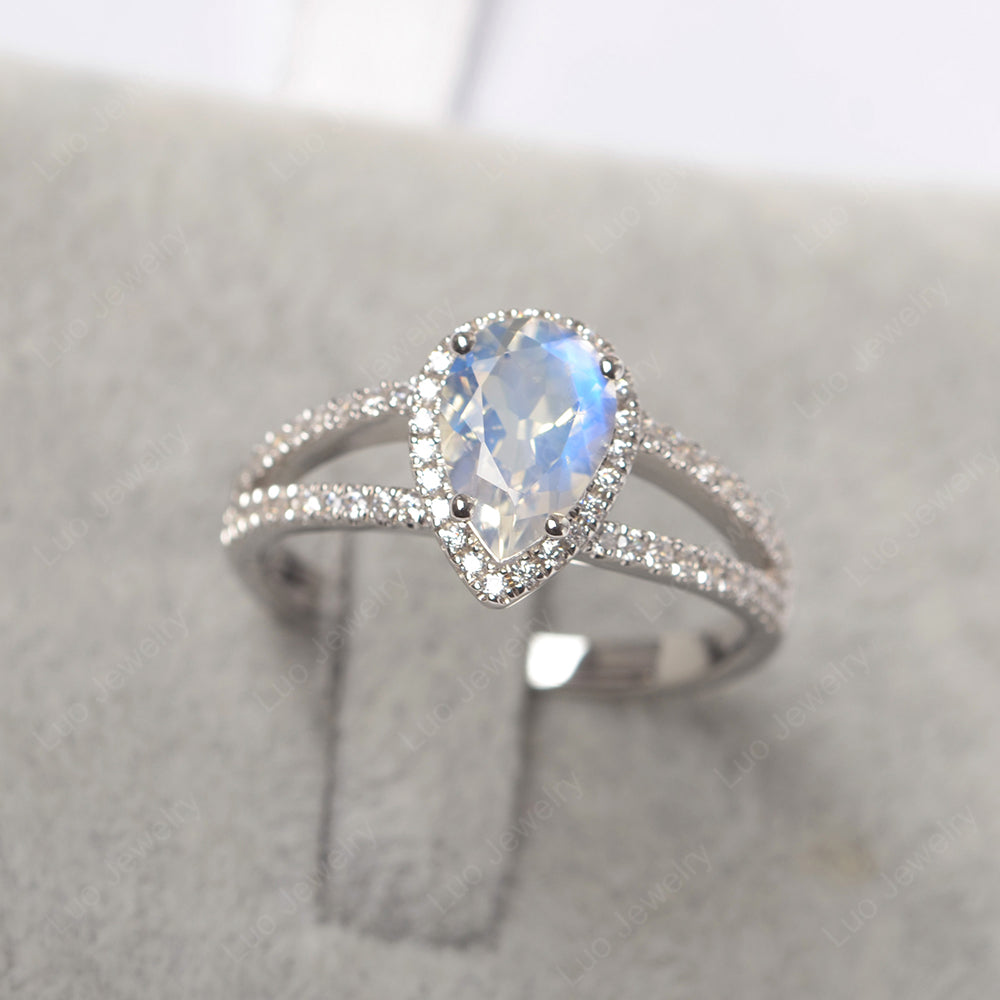 Pear Shaped Moonstone Halo Split Shank Engagement Ring - LUO Jewelry