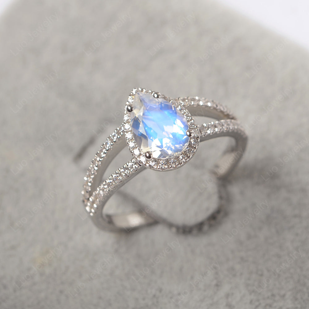 Pear Shaped Moonstone Halo Split Shank Engagement Ring - LUO Jewelry