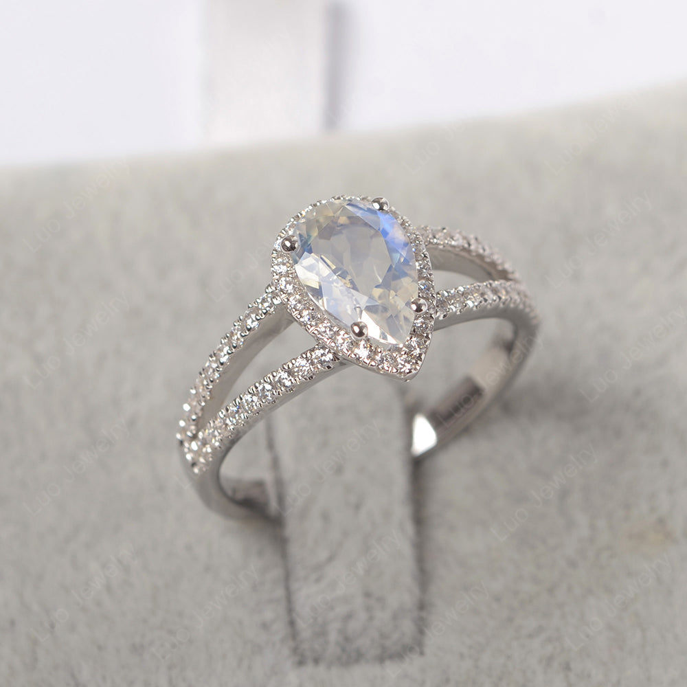 Pear Shaped Moonstone Halo Split Shank Engagement Ring - LUO Jewelry