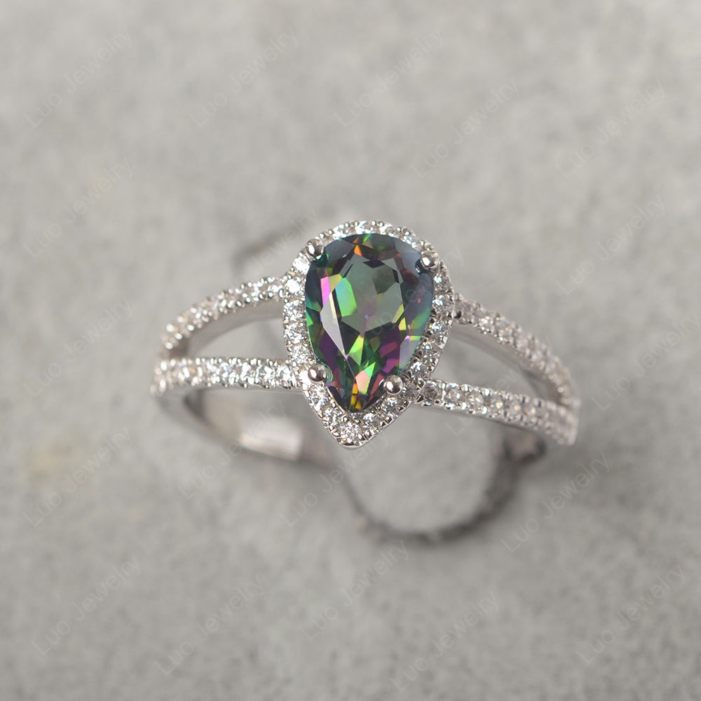 Pear Shaped Mystic Topaz Halo Split Shank Engagement Ring - LUO Jewelry