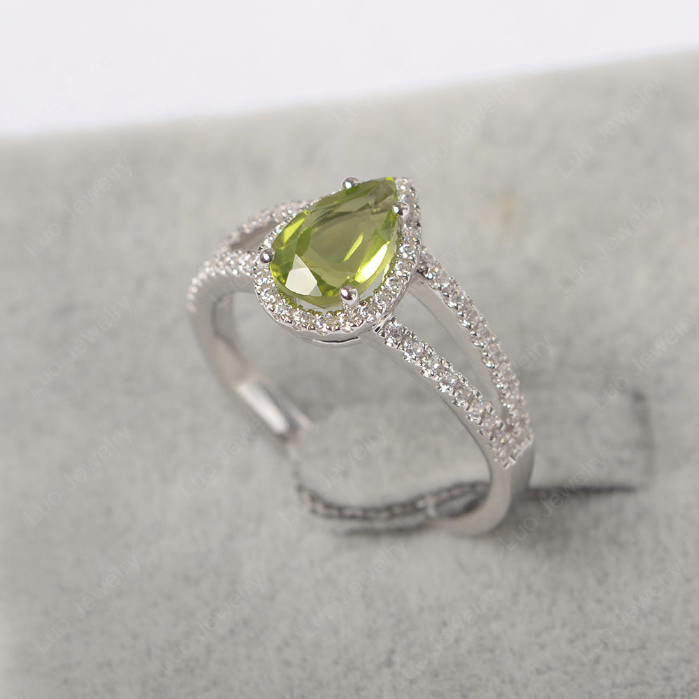 Pear Shaped Peridot Halo Split Shank Engagement Ring - LUO Jewelry