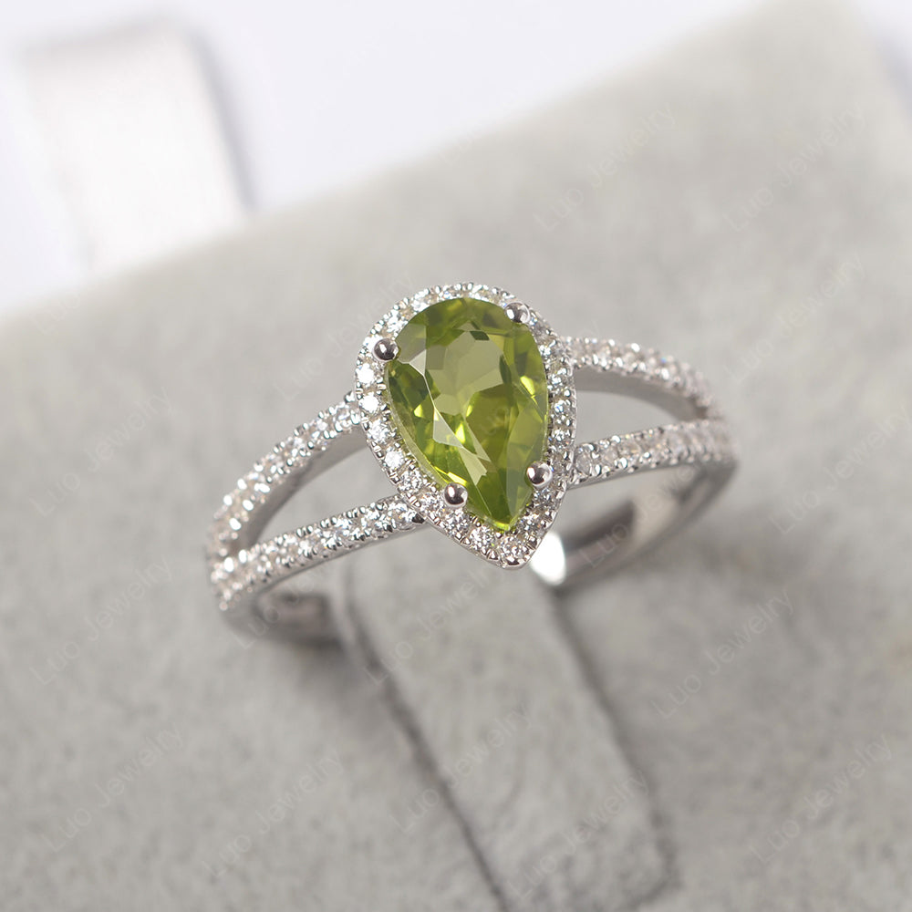 Pear Shaped Peridot Halo Split Shank Engagement Ring - LUO Jewelry