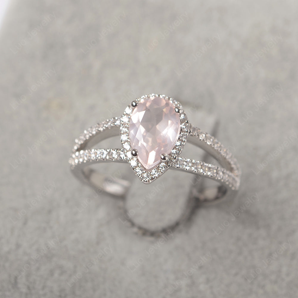 Pear Shaped Rose Quartz Halo Split Shank Engagement Ring - LUO Jewelry