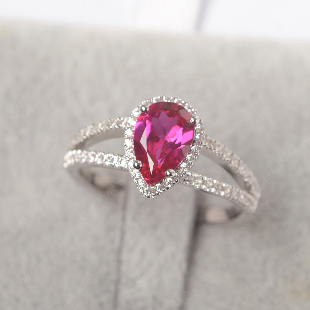 Pear Shaped Ruby Halo Split Shank Engagement Ring - LUO Jewelry
