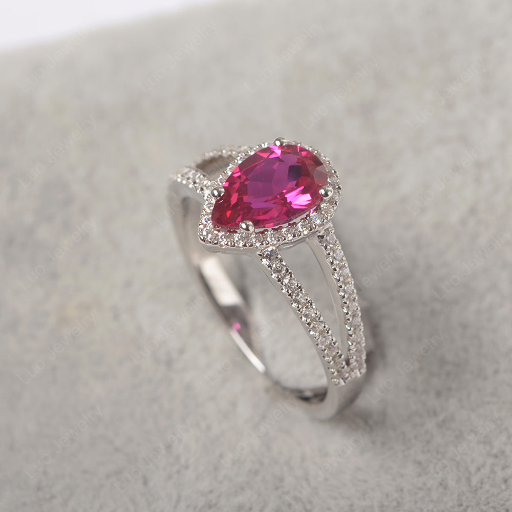 Pear Shaped Ruby Halo Split Shank Engagement Ring - LUO Jewelry