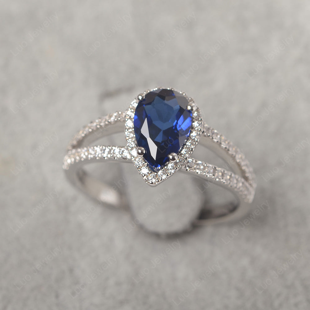 Pear Shaped Lab Sapphire Halo Split Shank Engagement Ring - LUO Jewelry