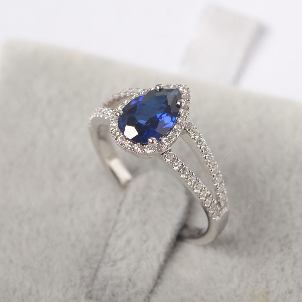 Pear Shaped Lab Sapphire Halo Split Shank Engagement Ring - LUO Jewelry