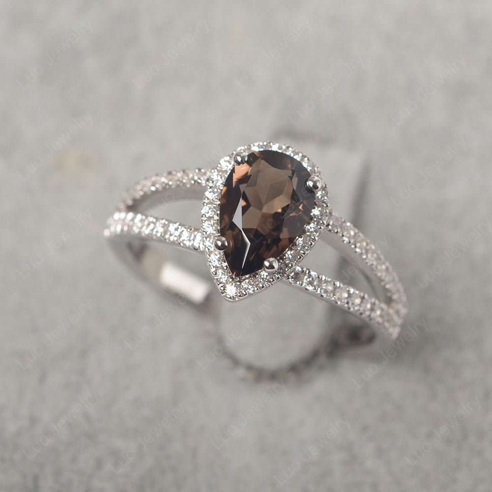 Pear Shaped Smoky Quartz  Halo Split Shank Engagement Ring - LUO Jewelry