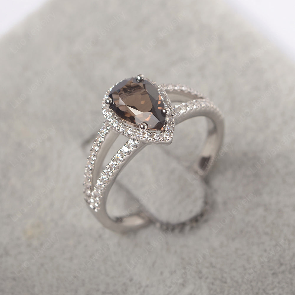 Pear Shaped Smoky Quartz  Halo Split Shank Engagement Ring - LUO Jewelry