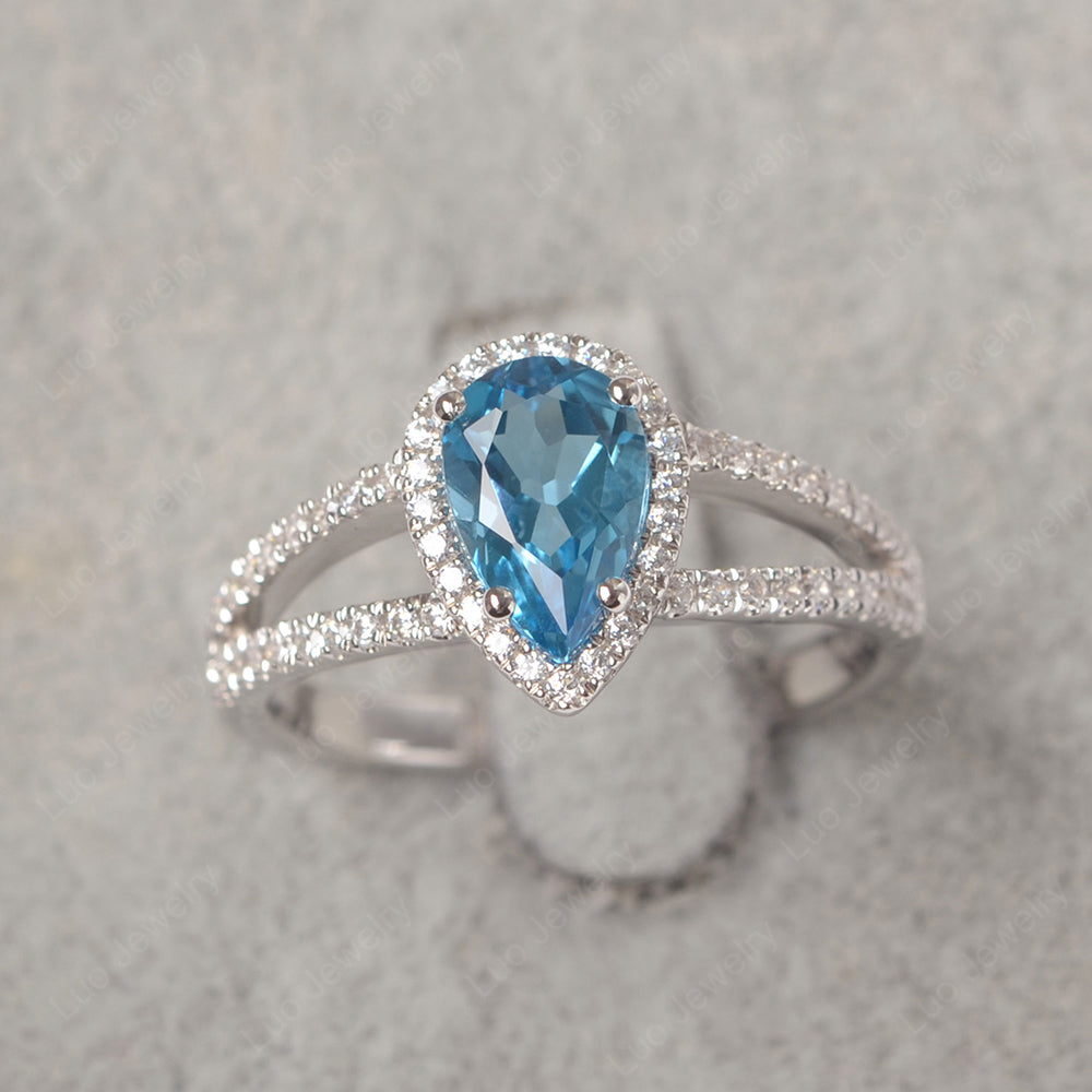 Pear Shaped Swiss Blue Topaz Halo Split Shank Engagement Ring - LUO Jewelry