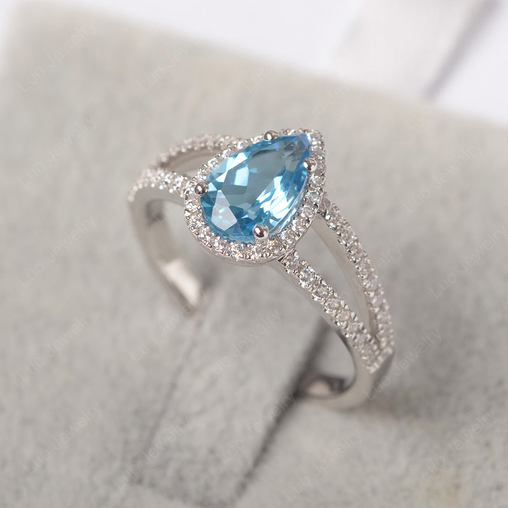 Pear Shaped Swiss Blue Topaz Halo Split Shank Engagement Ring - LUO Jewelry