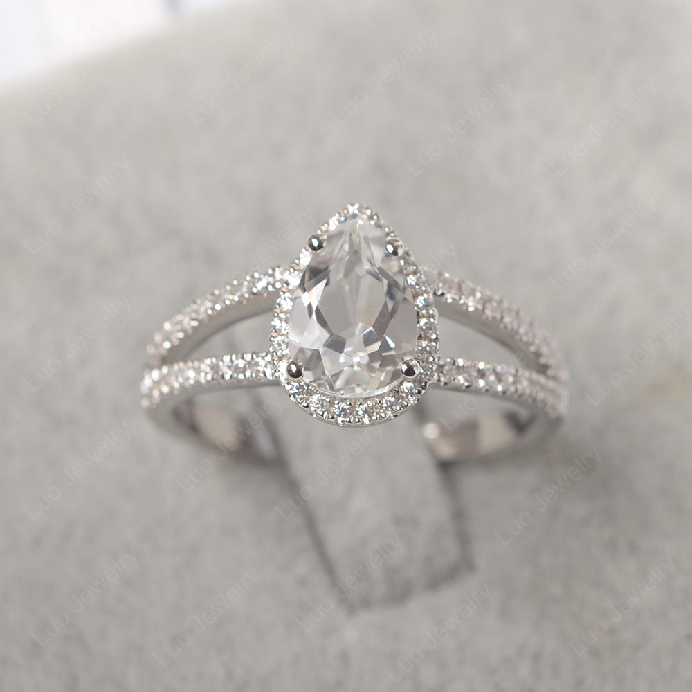 Pear Shaped White Topaz Halo Split Shank Engagement Ring - LUO Jewelry