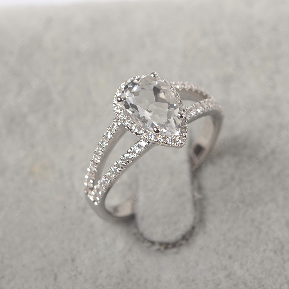 Pear Shaped White Topaz Halo Split Shank Engagement Ring - LUO Jewelry