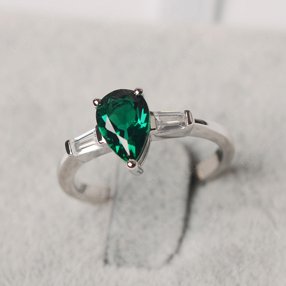 Lab Emerald Ring Teardrop Ring White Gold - LUO Jewelry