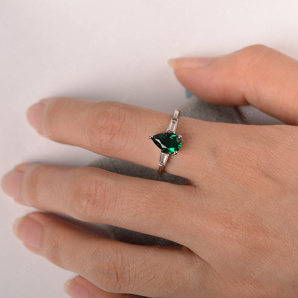 Lab Emerald Ring Teardrop Ring White Gold - LUO Jewelry