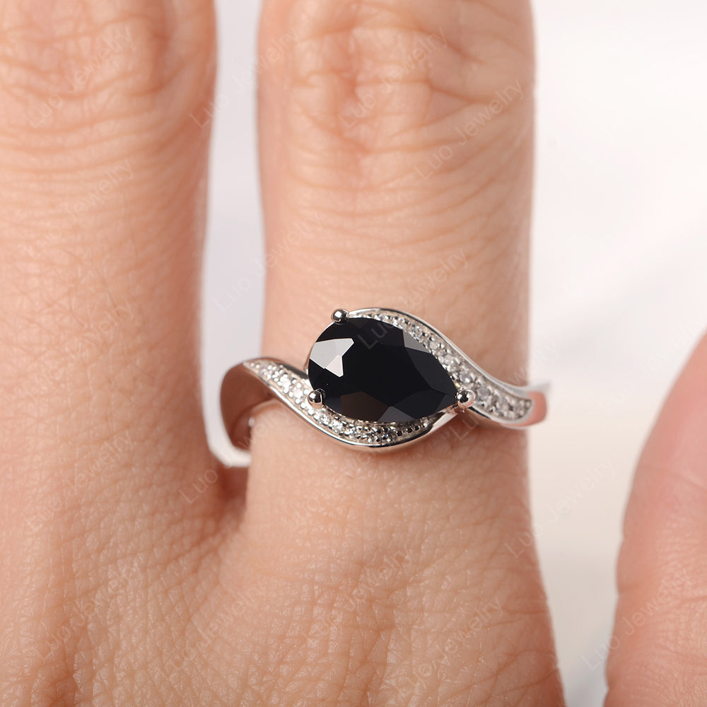 East West Pear Black Stone Engagement Ring Gold - LUO Jewelry