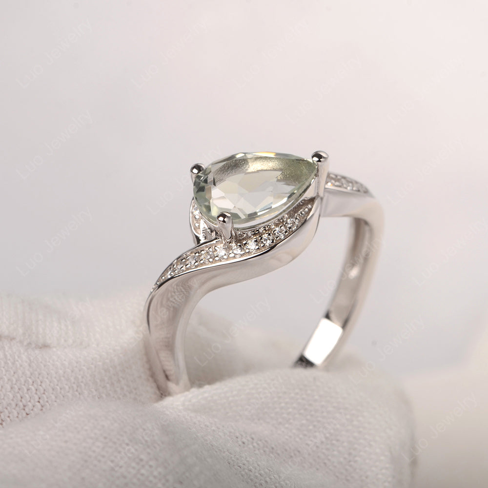 East West Pear Green Amethyst Engagement Ring Gold - LUO Jewelry
