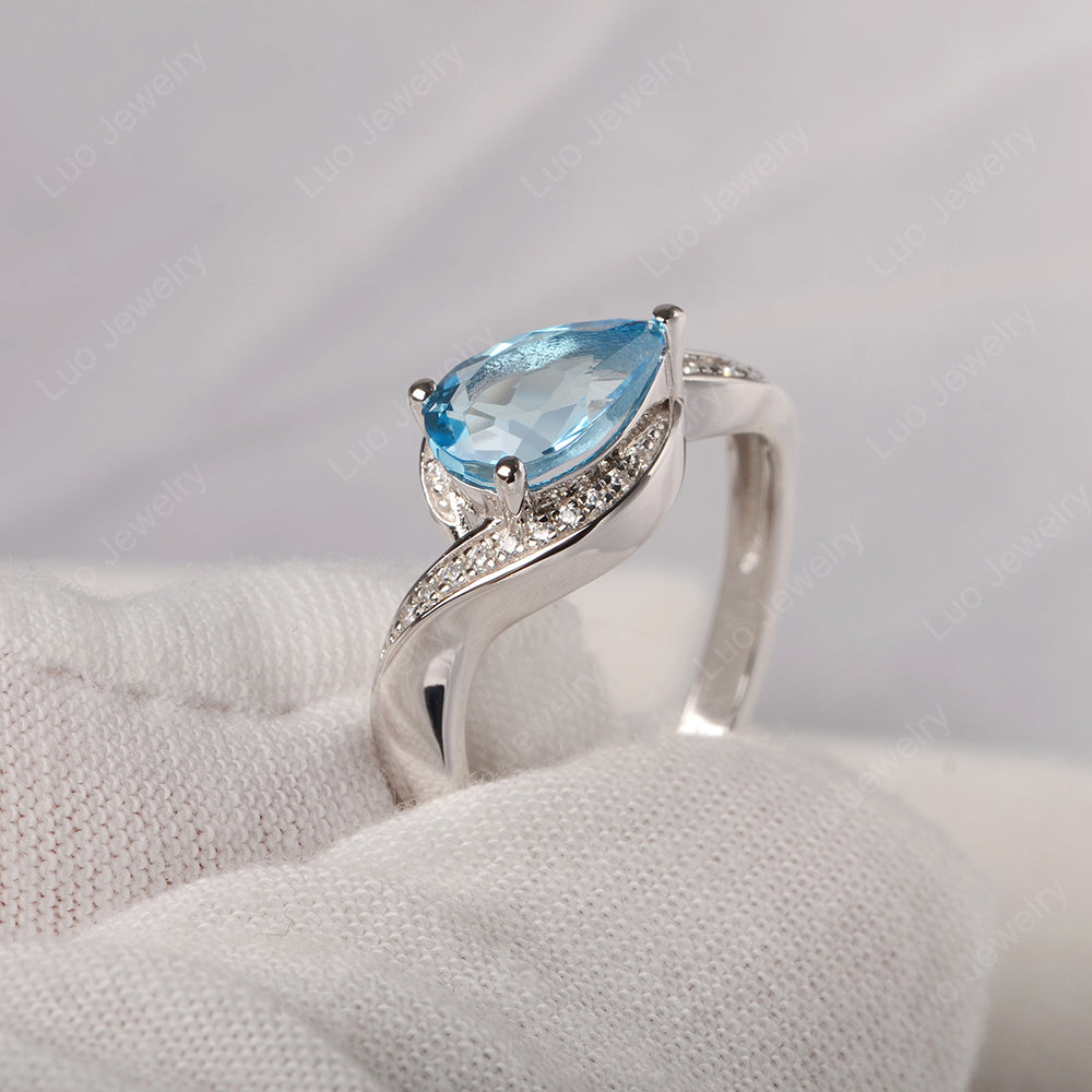 East West Pear Swiss Blue Topaz Engagement Ring Gold - LUO Jewelry