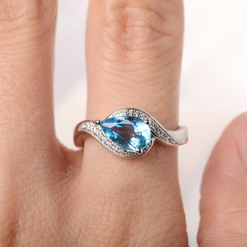 East West Pear Swiss Blue Topaz Engagement Ring Gold - LUO Jewelry