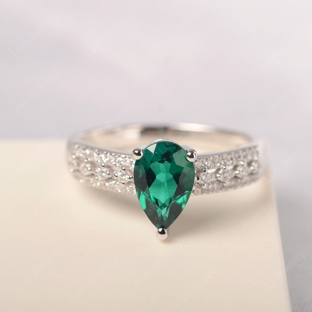 Pear Shaped Lab Emerald Engagement Ring - LUO Jewelry