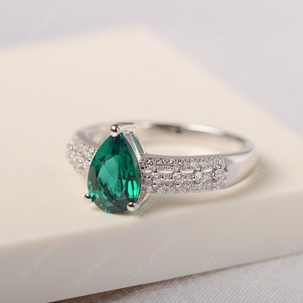 Pear Shaped Lab Emerald Engagement Ring - LUO Jewelry