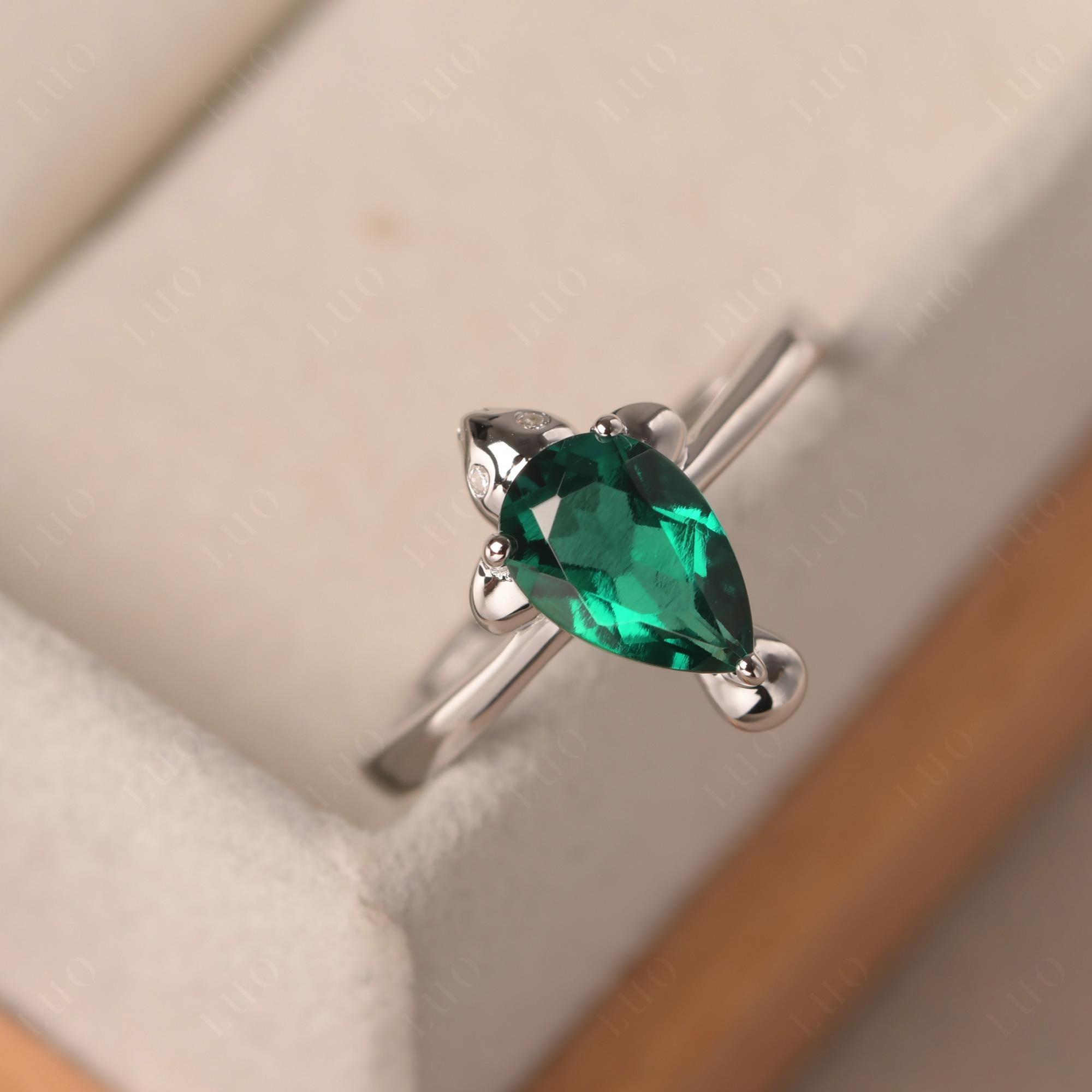 Pear Shaped Lab Emerald Sea Lion Ring - LUO Jewelry