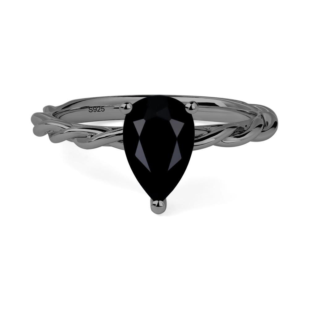 Teardrop Black Stone Solitaire Rope Ring - LUO Jewelry #metal_black finish sterling silver