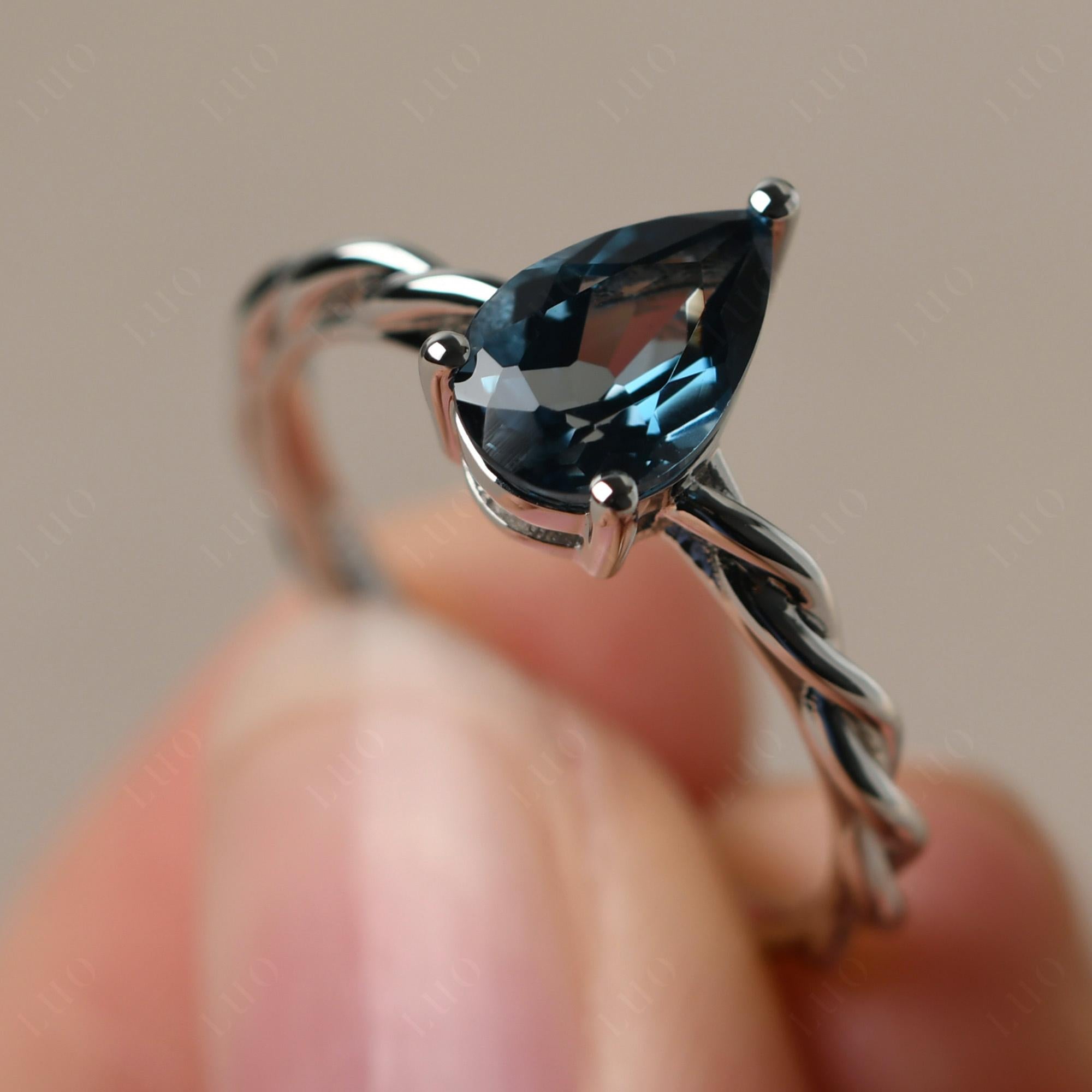 Teardrop London Blue Topaz Solitaire Rope Ring - LUO Jewelry