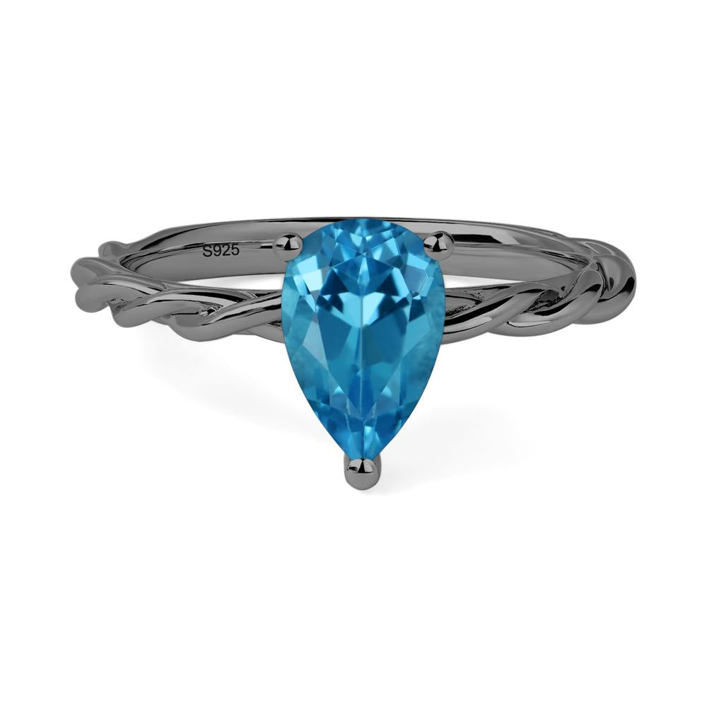 Teardrop Swiss Blue Topaz Solitaire Rope Ring - LUO Jewelry #metal_black finish sterling silver