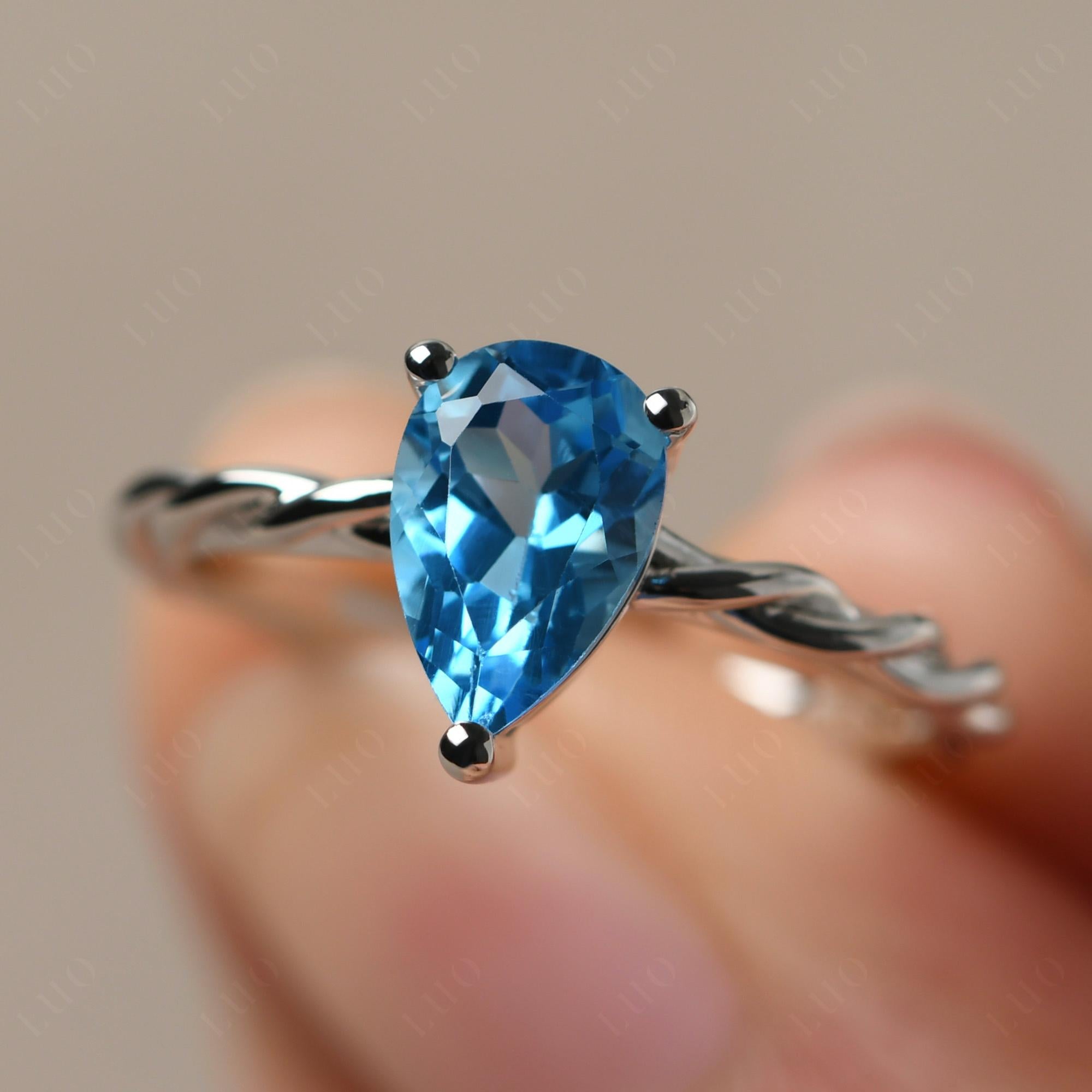 Teardrop Swiss Blue Topaz Solitaire Rope Ring - LUO Jewelry