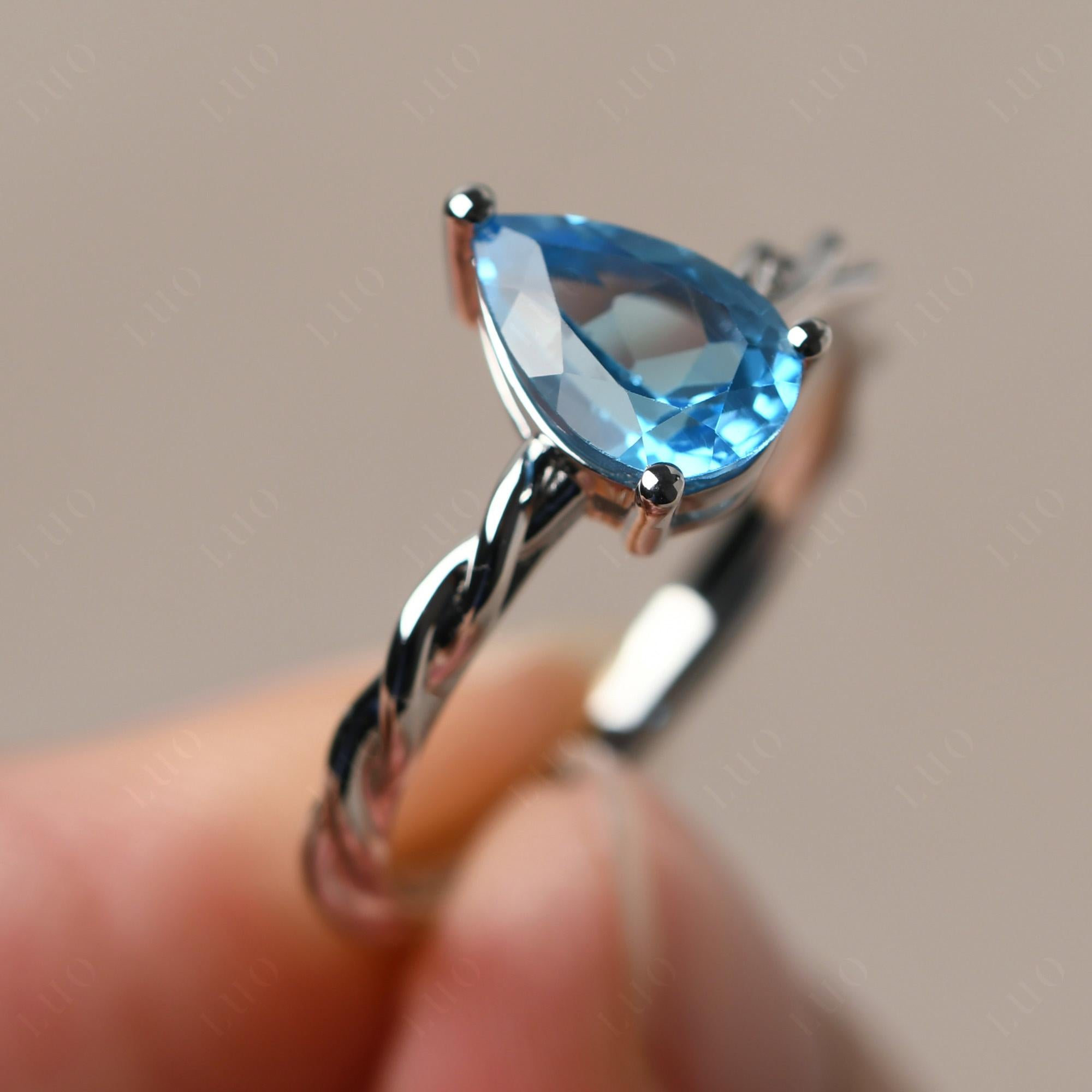 Teardrop Swiss Blue Topaz Solitaire Rope Ring - LUO Jewelry