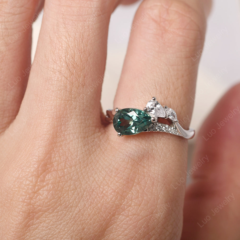 Pear Shaped Horizontal Green Sapphire Ring - LUO Jewelry