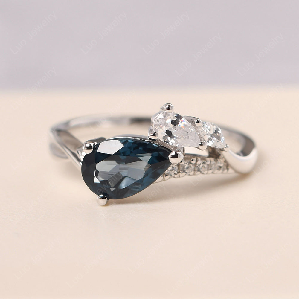 Pear Shaped Horizontal London Blue Topaz Ring - LUO Jewelry