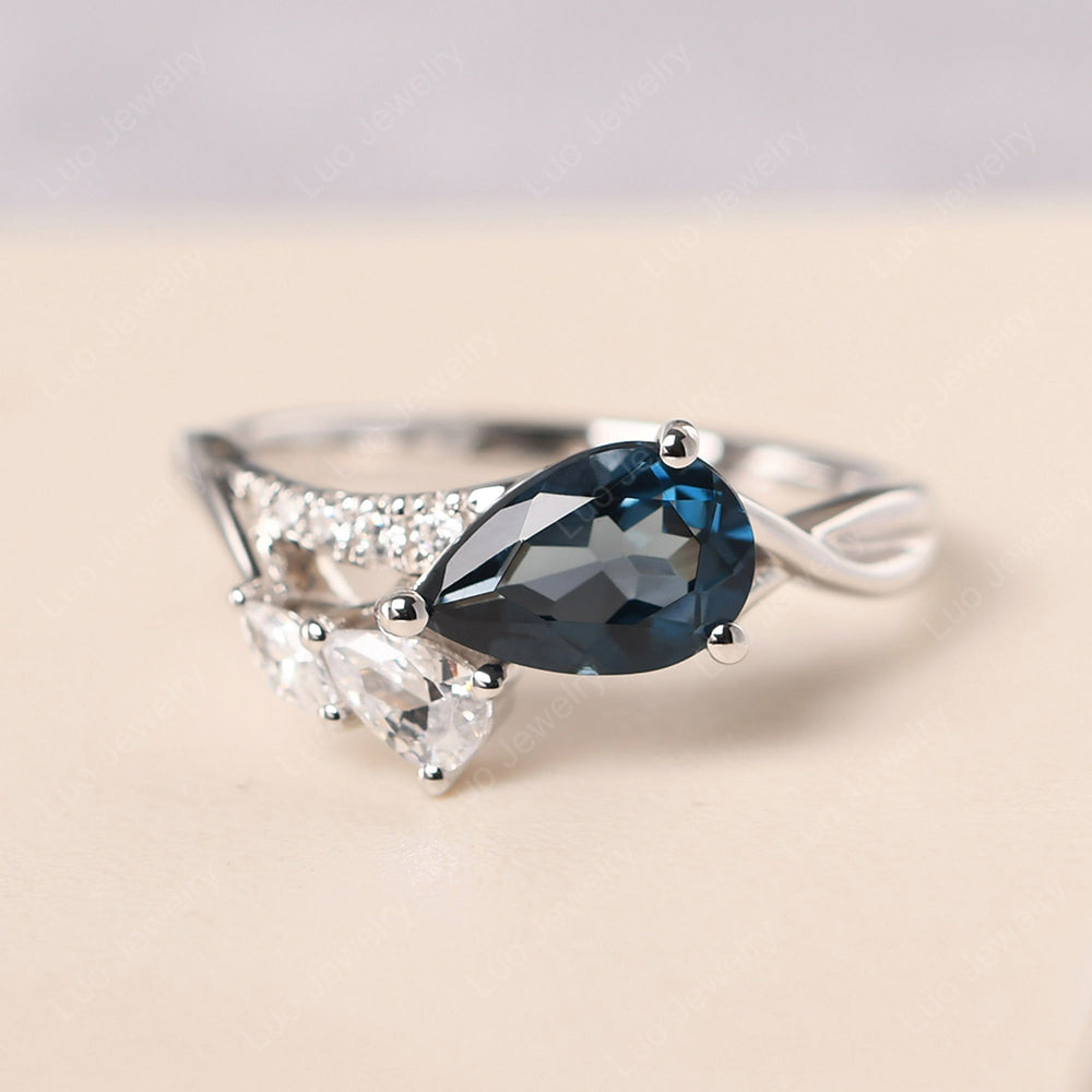 Pear Shaped Horizontal London Blue Topaz Ring - LUO Jewelry