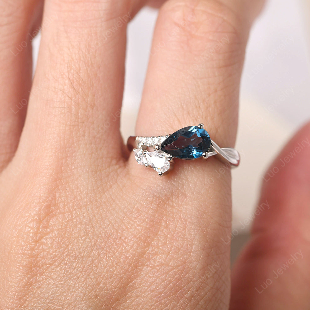 Pear Shaped Horizontal London Blue Topaz Ring - LUO Jewelry