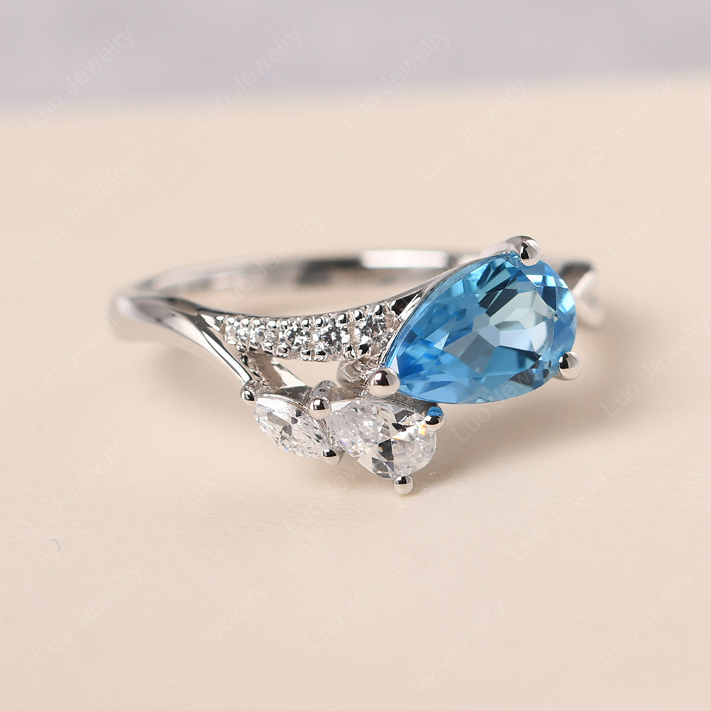 Pear Shaped Horizontal Swiss Blue Topaz Ring - LUO Jewelry