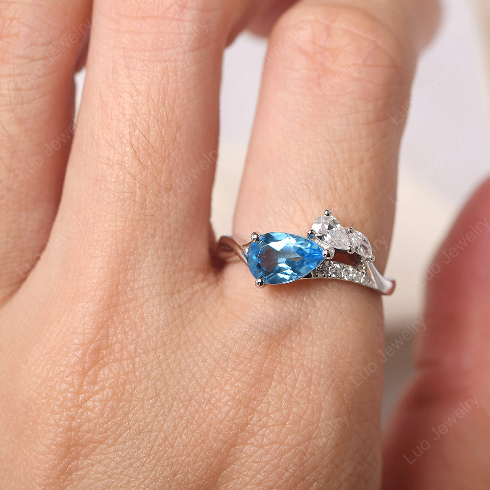 Pear Shaped Horizontal Swiss Blue Topaz Ring - LUO Jewelry