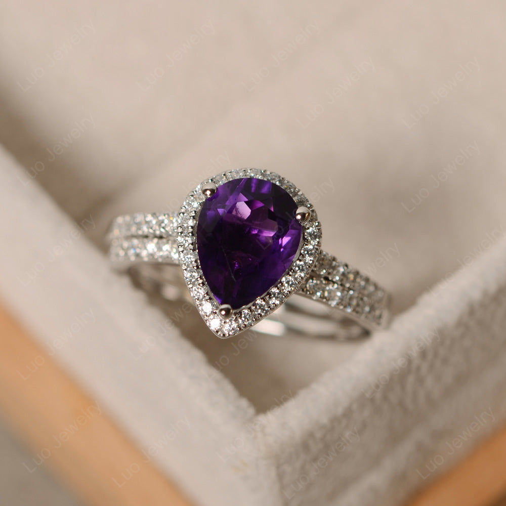 Pear Cut Amethyst Bridal Set Engagement Ring - LUO Jewelry