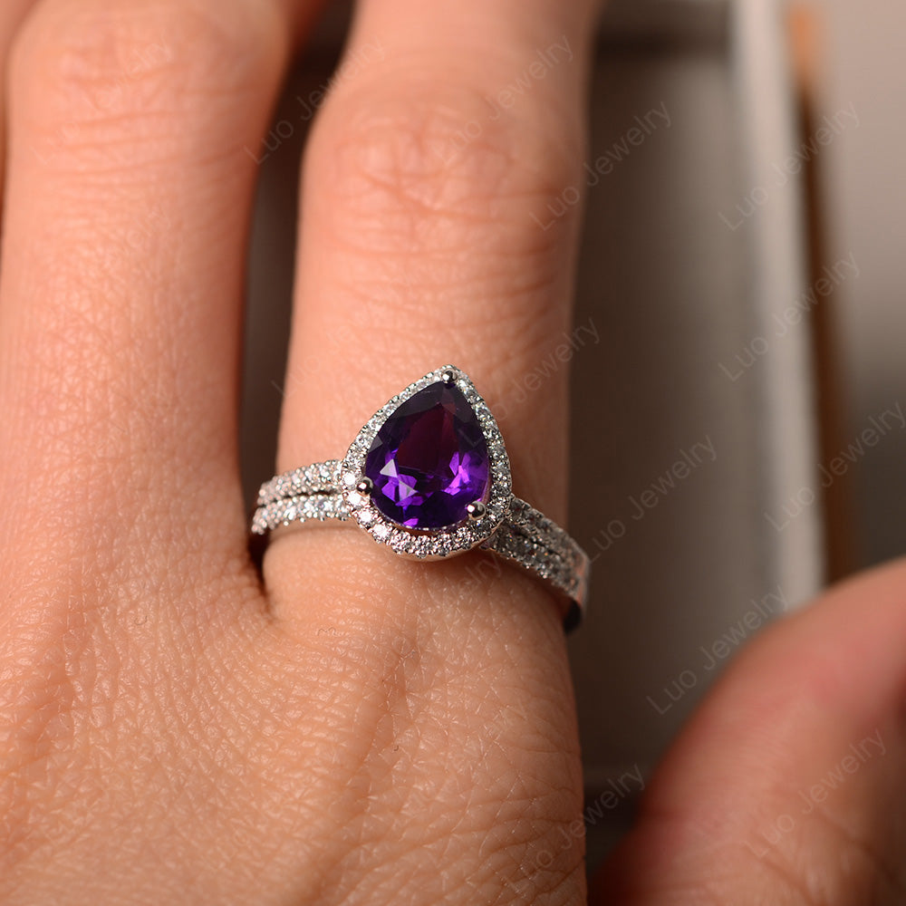 Pear Cut Amethyst Bridal Set Engagement Ring - LUO Jewelry