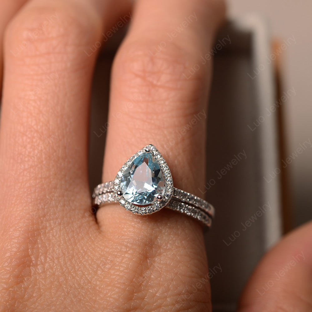 Pear Cut Aquamarine Bridal Set Engagement Ring - LUO Jewelry