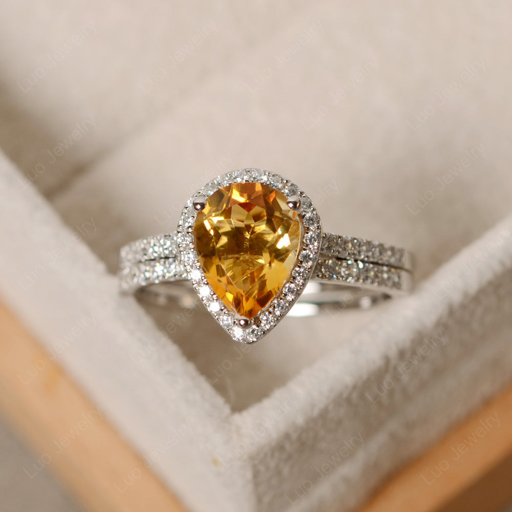 Pear Cut Citrine Bridal Set Engagement Ring - LUO Jewelry